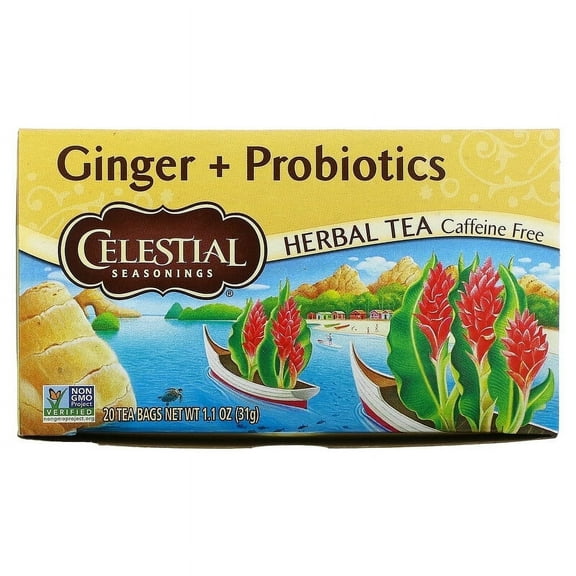 Celestial Seasonings, Herbal Tea, Ginger + Probiotics, Caffeine Free, 20 Tea Bags, 1.1 oz Pack of 3