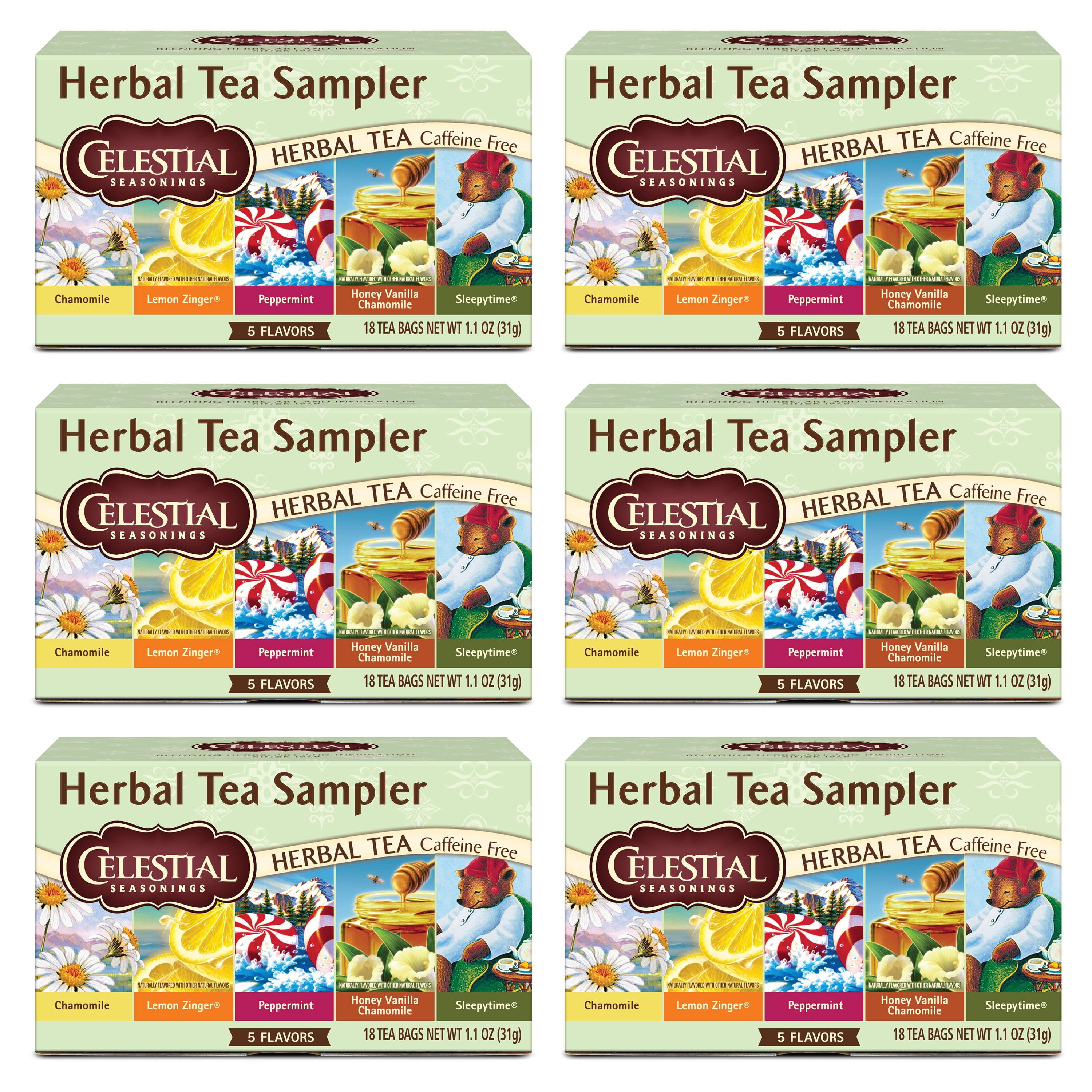 (6 pack) Celestial Seasonings Herbal Tea Sampler, Caffeine-Free Herbal Tea Bags (18 Count)