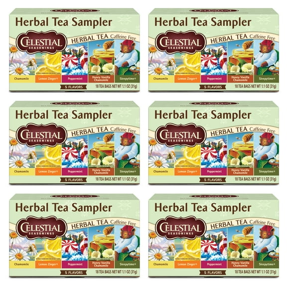 (6 pack) Celestial Seasonings Herbal Tea Sampler, Caffeine-Free Herbal Tea Bags (18 Count)