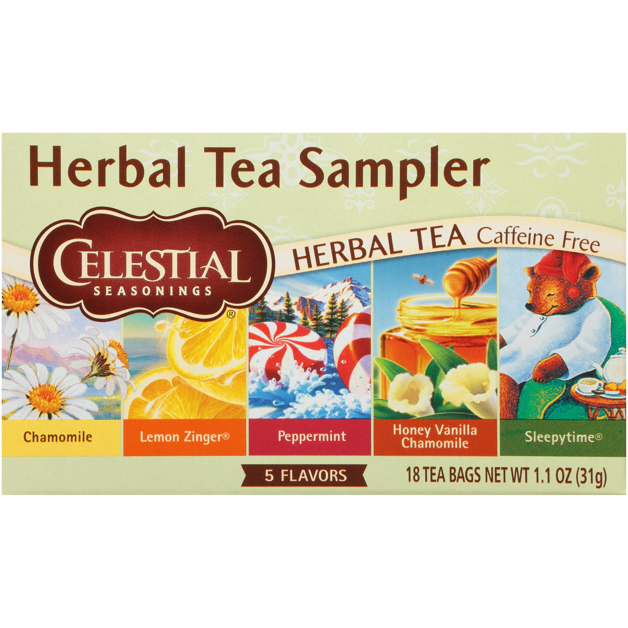 Celestial Seasonings® Chamomile, Lemon Zinger®, Peppermint, Honey Vanilla Chamomile & Sleepytime® Herbal Tea Sampler Caffeine Free Herbal Tea Bag Variety Pack 18 Ct Box