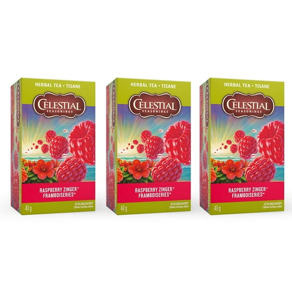 Celestial Seasonings Raspberry Zinger Herbal Tea, Caffeine-Free 20ct (3 Pack)