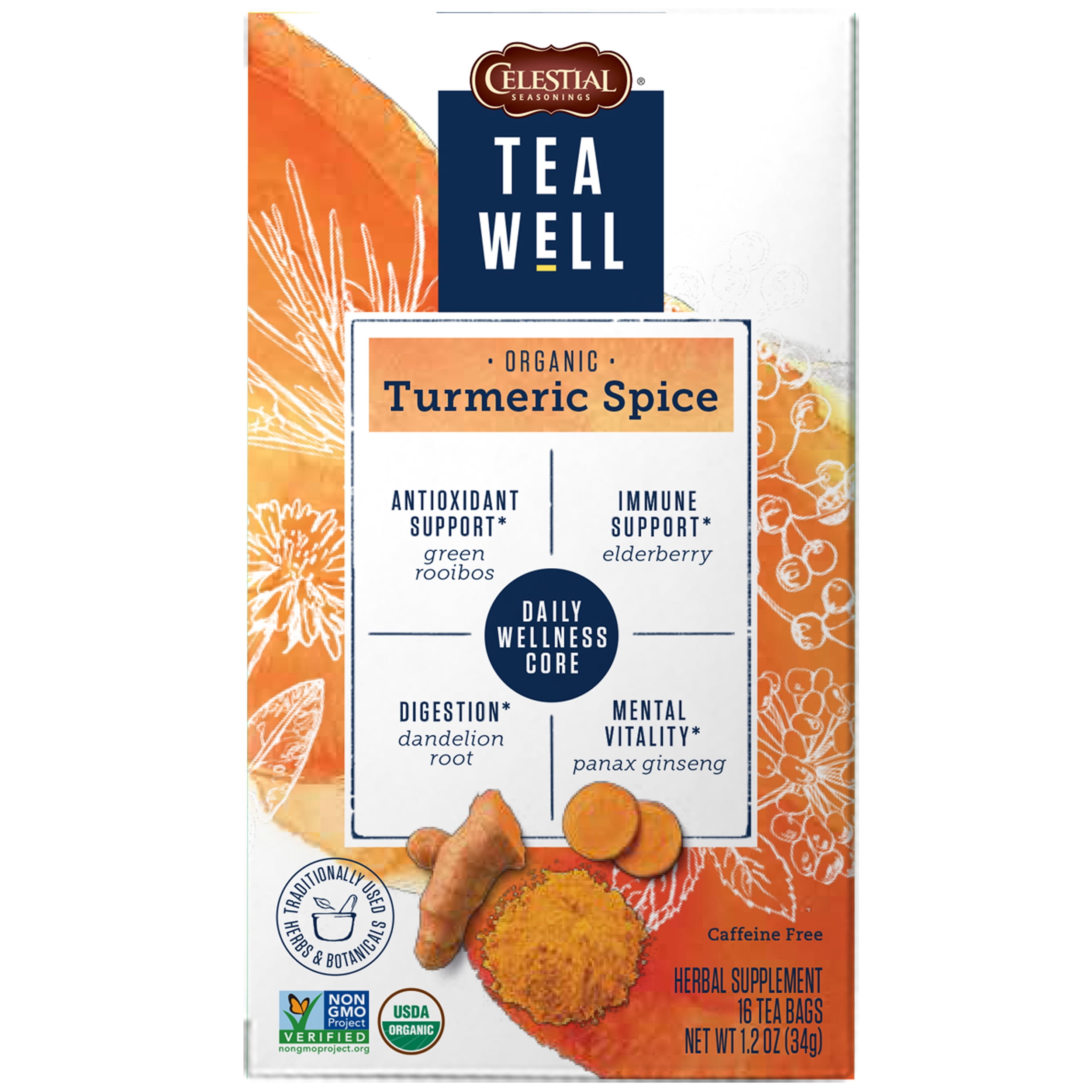 Celestial Seasonings TeaWell Organic Turmeric Spice Wellness Tea, 16 Ct Tea Bags