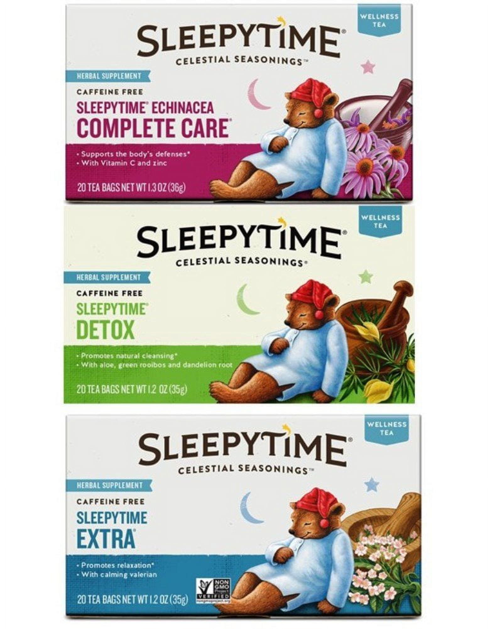 Celestial Seasonings Wellness Caffeine Free Herbal Tea 3 Flavor Variety Bundle, 1 Each: Sleepytime Extra, Sleepytime Echinacea Complete Care, Sleepytime Detox (20 Count Ea.)