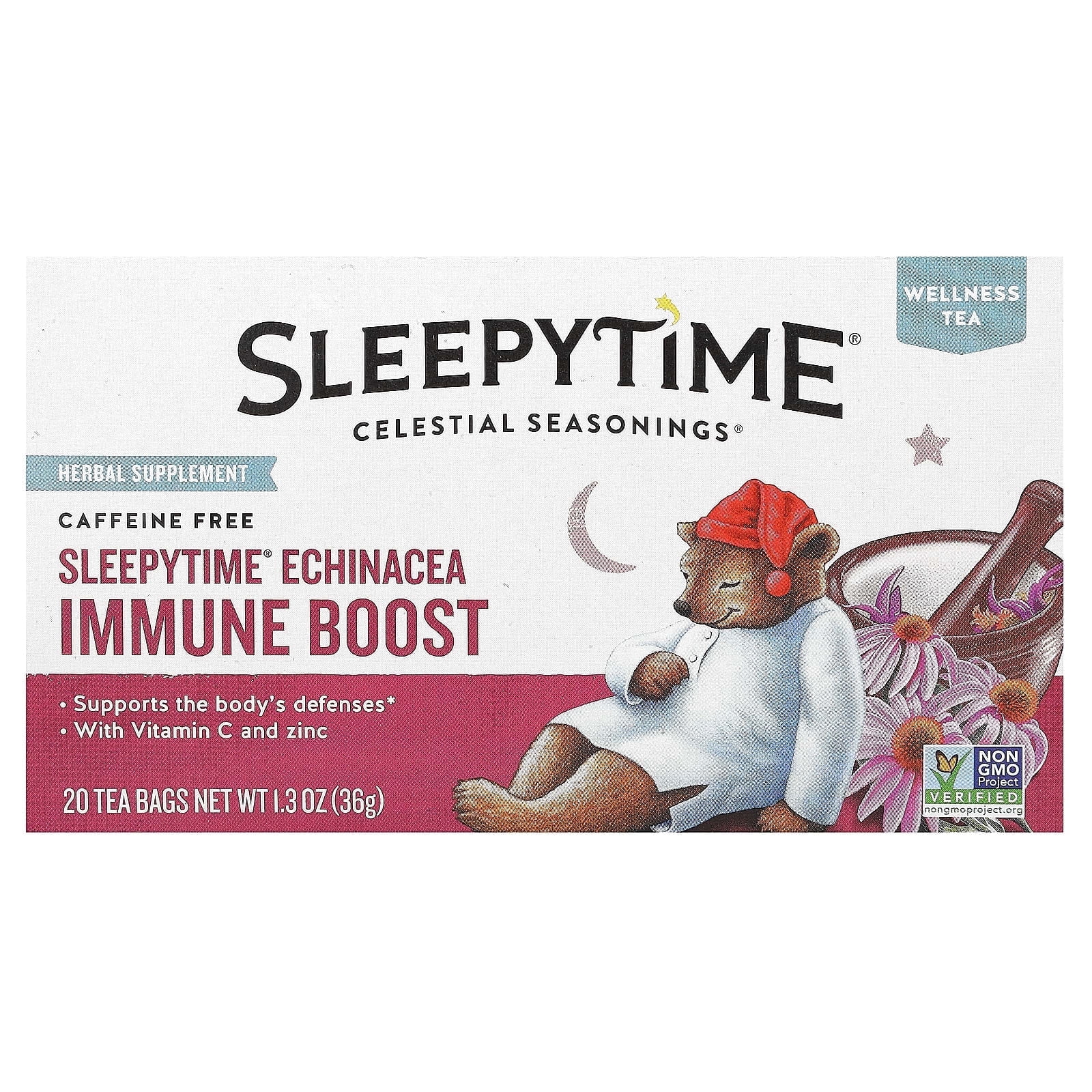 Celestial Seasonings, Wellness Tea, Sleepytime Echinacea Immune Boost, Caffeine Free, 20 Tea Bags, 1.3 oz (36 g) Pack of 3