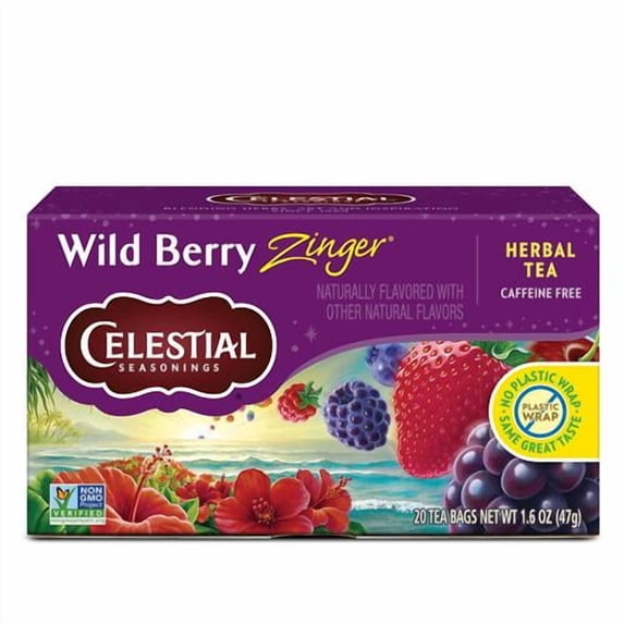 Celestial Seasonings Wild Berry Zinger Herbal Tea, Caffeine Free, 20 Tea Bags Box - Pack of 2