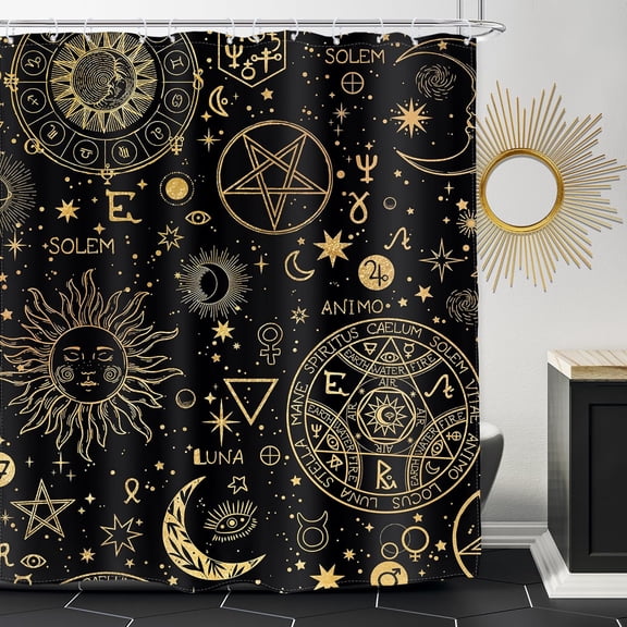Celestial Shower Curtain Dark Black Mysterious Golden Sun Moon Witchy Astrology Zodiac Constellation Starry Bathroom Aesthetic 72Wx72L Inches Bath Accessories Art Home Decor Fabric 12 Pack