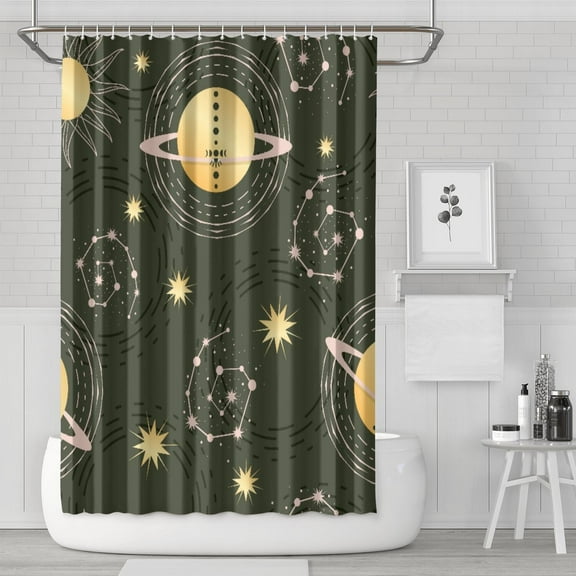 Celestial Shower Curtain with Gothic Sun Moon Star Print, Waterproof Spiritual Aesthetic Fabric with Hooks, Mystical Cosmic Bathroom Decor for Home, Airbnb, RV, or Dorm Bathrooms