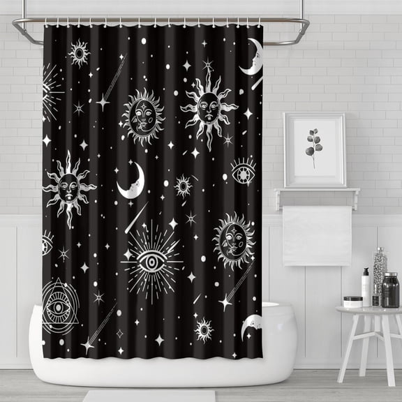 Celestial Shower Curtain Gothic Sun Moon Stars Pattern, Waterproof Bathroom Curtain with Hooks, Astral Lunar Night Sky Constellation Design for Airbnb, Dorms, or Home Seasonal Decor