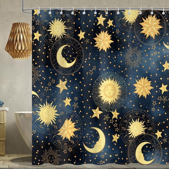 Celestial Shower Curtain Modern Sun Moon Stars Mysterious Constellation Bath Curtains for Bathroom, Boho Beige Decor Waterproof Fabric Shower Curtain with 12 Hooks, 60x72in
