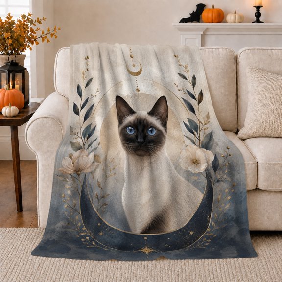 Celestial Siamese Cat Crescent Moon, Mystical Pet Portrait Pattern, Warm Flannel Blanket for Living Room and Bedroom, Cat Lovers Just Because Gift, Pet Lover Home Decor