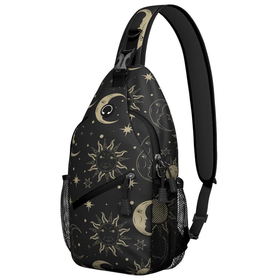 Celestial Sling Bag for Men & Women Gothic Black and Gold Moon Crossbody Bag with Anti-Theft Design Spacious Travel Daypack for Hiking, Biking, Outdoor Adventures