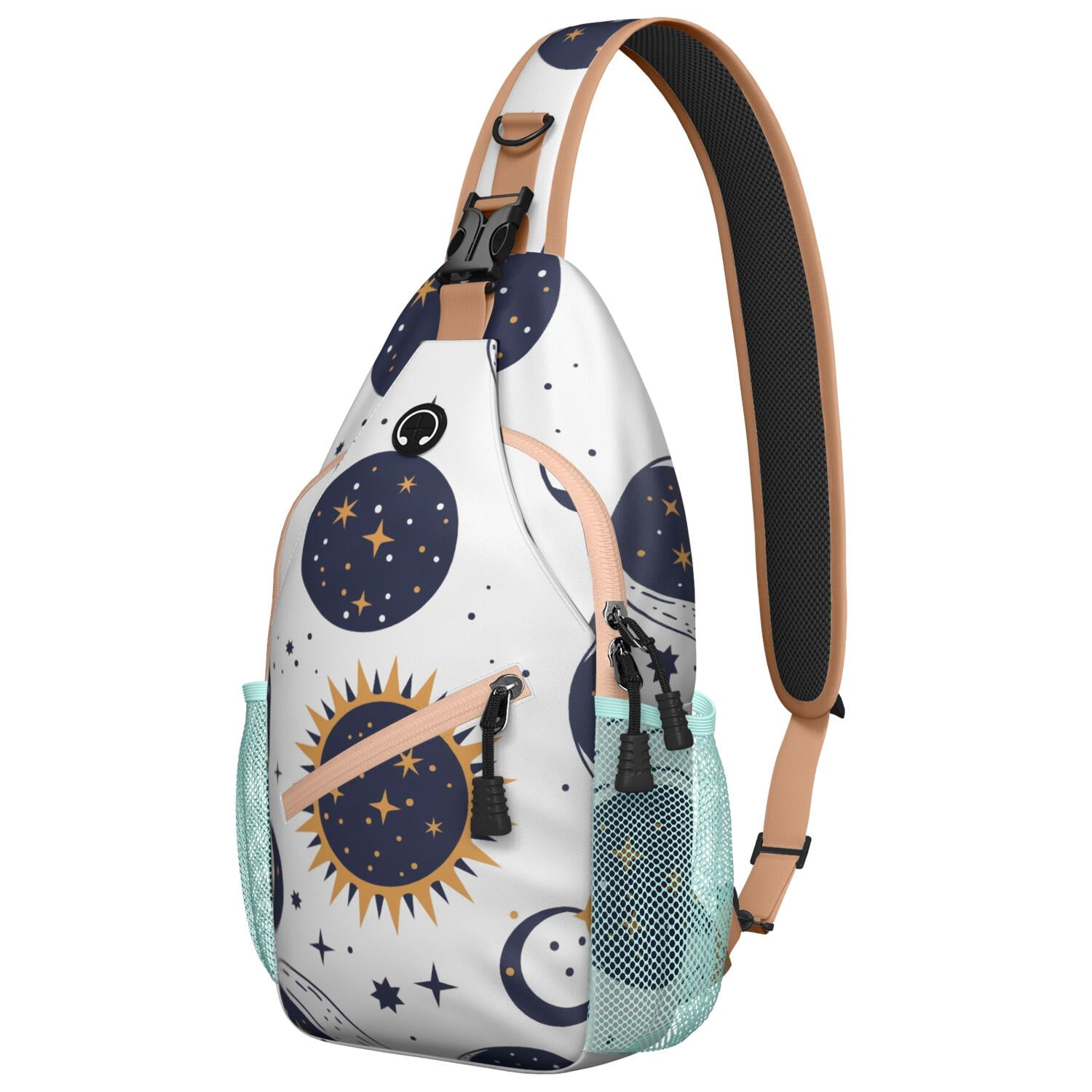 Celestial Sling Bag for Men & Women Gothic Black and Gold Moon Crossbody Bag with Anti-Theft Design Spacious Travel Daypack for Hiking, Biking, Outdoor Adventures