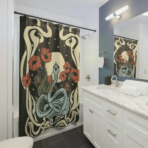 Celestial Snake Shower Curtain, Psychedelic Floral Snake Bathroom Decor, Witchy Moon Shower Curtain for Occult Bathroom Decor, Washable Retro Cottagecore Shower Curtain 60x72in