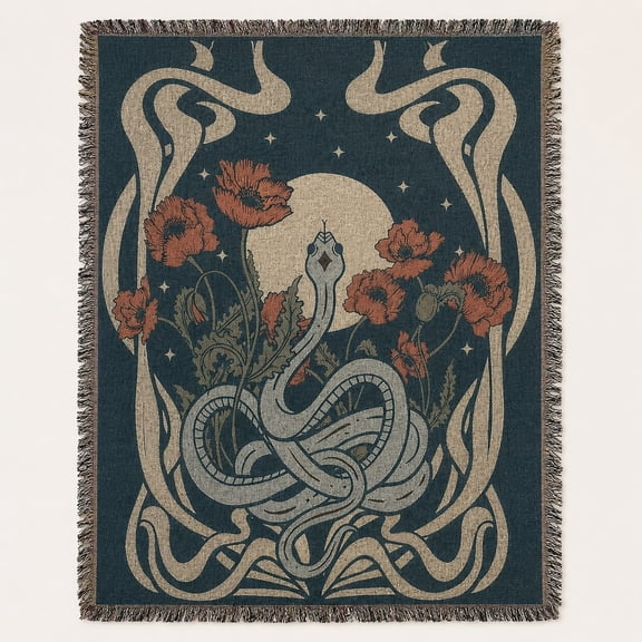 Celestial Snake Woven Throw Blanket, Floral Moon Tapestry Cotton Fringe Decor