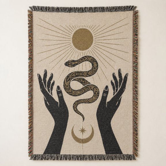 Celestial Snake Woven Throw Blanket | Sun Moon Serpent Wall Tapestry | Dark Mystical Cotton Fringe Blanket