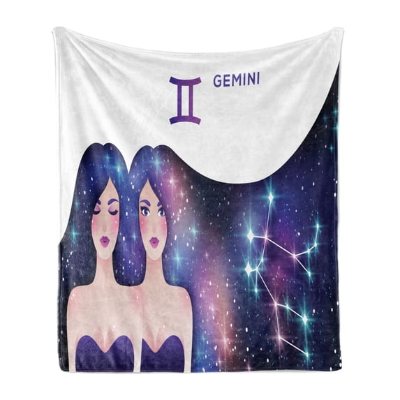Celestial Soft Flannel Fleece Throw Blanket, Gemini Zodiac with Twin Girls and Constellation Hair Horoscope, Cozy Plush for Indoor and Outdoor Use, 70" x 90", Violet and Multicolor, by Ambesonne