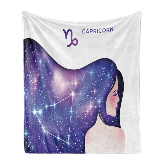 Celestial Soft Flannel Fleece Throw Blanket, Zodiac Capricorn Name Sign with Woman and Constellation Print, Cozy Plush for Indoor and Outdoor Use, 60" x 80", Violet and Multicolor, by Ambesonne