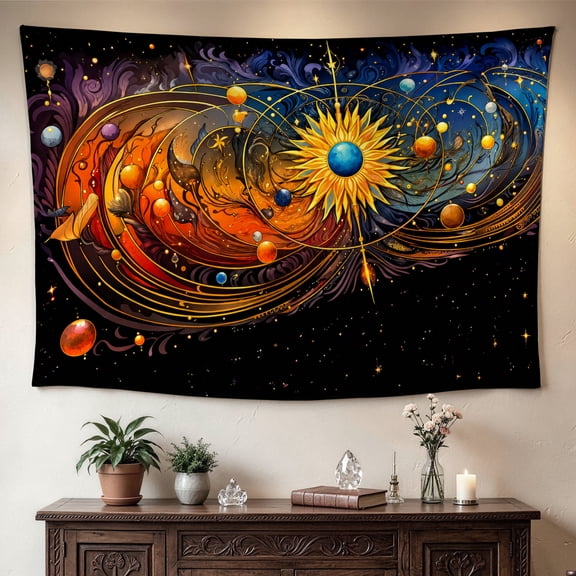 Celestial Solar System Abstract Art Wall tapestry， Large size Printed Horizontal Tapestry blanket， Polyester Fabric Wall Hanging for living room， bedroom， No Installation Required， Indoor， Outdoor， G