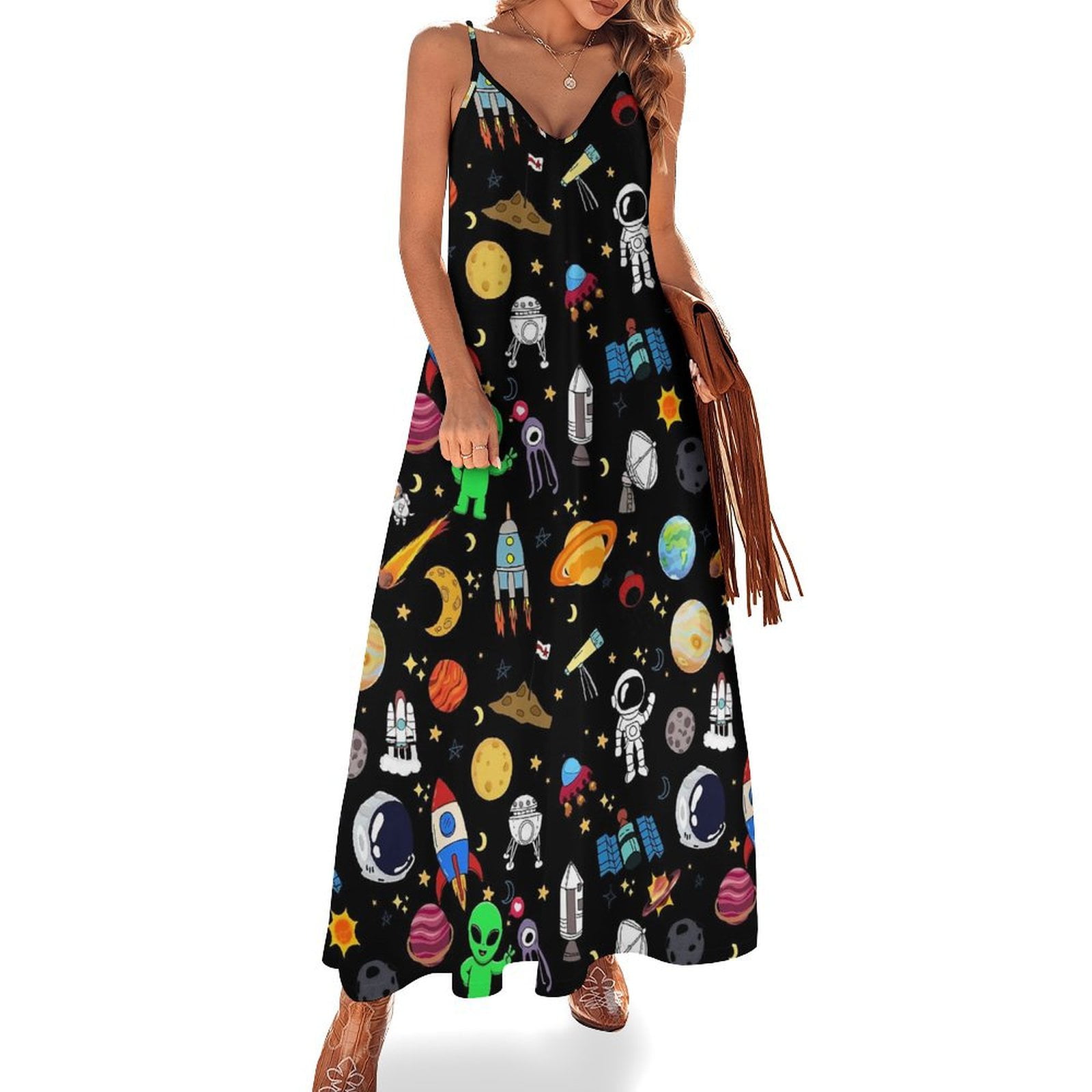 Celestial Space Print Dress Black White Elegant Maxi Dress V Neck Boho  Beach Long Dresses Strap Street Fashion Oversize Vestidos - Walmart.com