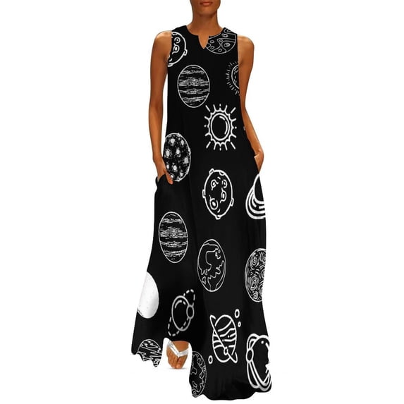 Celestial Space Print Dress Black White Night Club Maxi Dress Street Style Bohemia Long Dresses Female Design Oversized Clothing