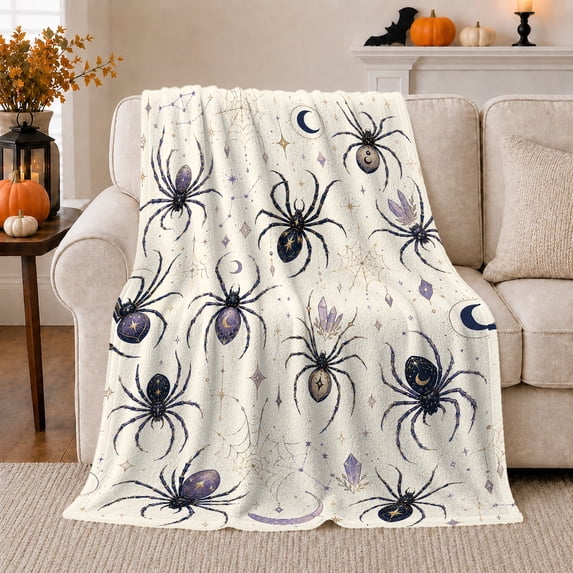 Celestial Spiders with Crescent Moons Crystals and Gold Webs, Mystic Night Sky Spider Style for Moon Lovers, Warm Flannel Blanket for Bedroom and Reading Nook, Halloween Gift, Home Decor