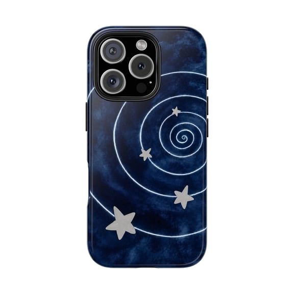 Celestial Spiral Tough Phone Case, Navy Starry Night Glossy Dual-Layer Protective Cover Compatible with iPhone 16 Pro Max