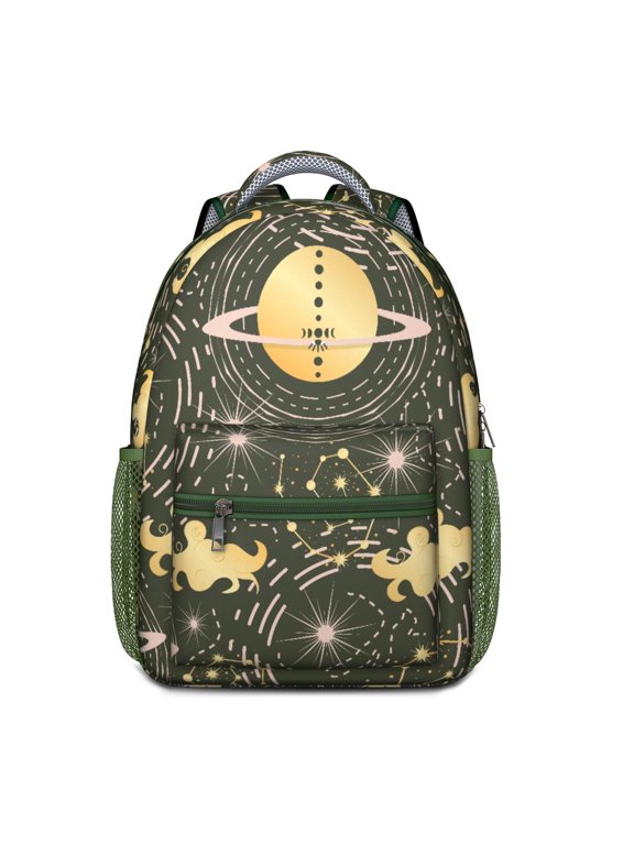 Celestial Spiritual Gothic Backpack – Moon, Sun & Stars Astrology Print with Witchy Cosmic and Golden Elements