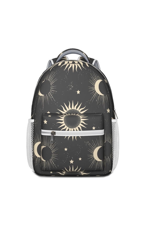 Celestial Spiritual Gothic Backpack – Moon, Sun & Stars Astrology Print with Witchy Cosmic and Golden Elements