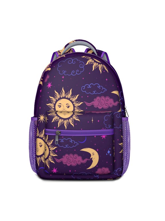 Celestial Spiritual Gothic Backpack – Moon, Sun & Stars Astrology Print with Witchy Cosmic and Golden Elements
