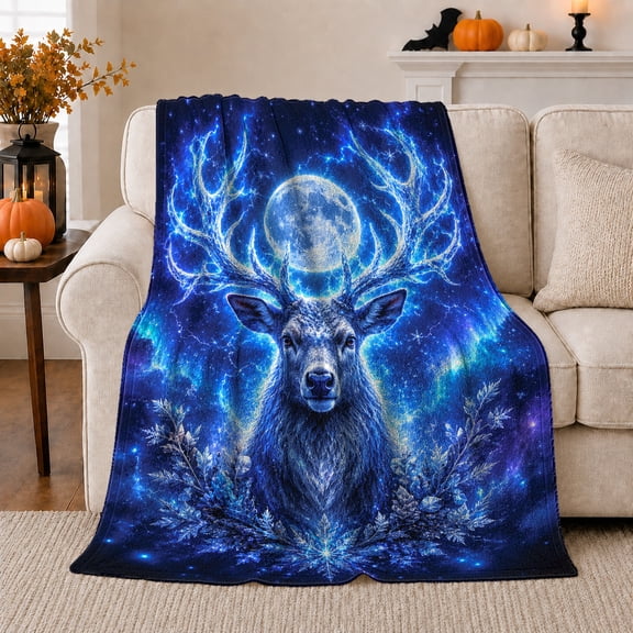 Celestial Stag Fantasy Art Enchanted Winter Scene, Festive Holiday Scene, Warm Flannel Blanket for Living Room and Reading Nook, Art Lovers Friendship Gift, Festive Home Decor