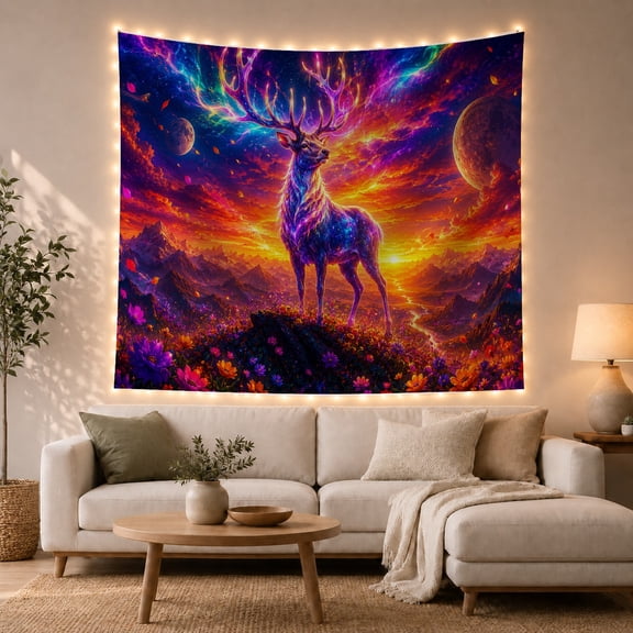 Celestial Stag Under a Glowing Sunset with Planets and Mountains, Mystical Celestial for Space Lovers, Wildlife Wall Art, Birthday Gift, Tapestry Wall Hanging for Bedroom, Living Room and Dorm