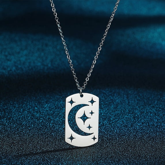 Celestial Stainless Steel Necklace Hollow Out Moon Stars Charm Engraved Jewelry