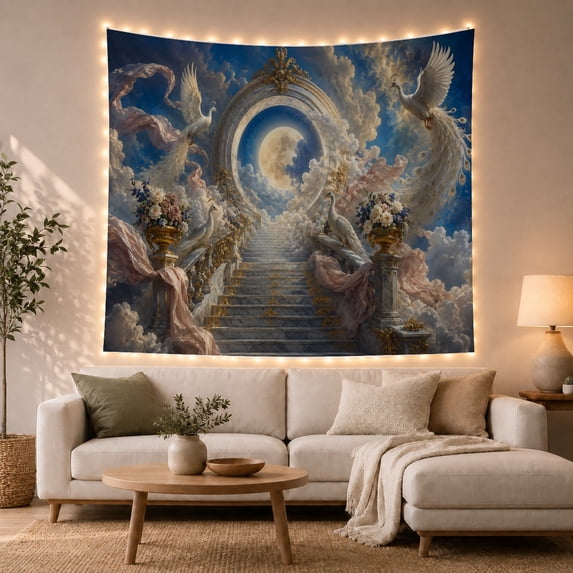 Celestial Staircase with White Peacocks and Moonlight Romantic Fantasy Art for Home Decor Enthusiasts Ethereal Wall Decor Christmas Gift Tapestry Wall Hanging for Bedroom and Living Room