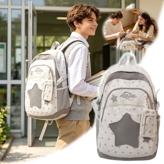 Celestial Star Commuter Daypack, Textured Cotton-Blend Large Rucksack for Women, Y2K Retro Star Embroidery Backpack with Detachable Star Pouch, Water-Resistant University Bag