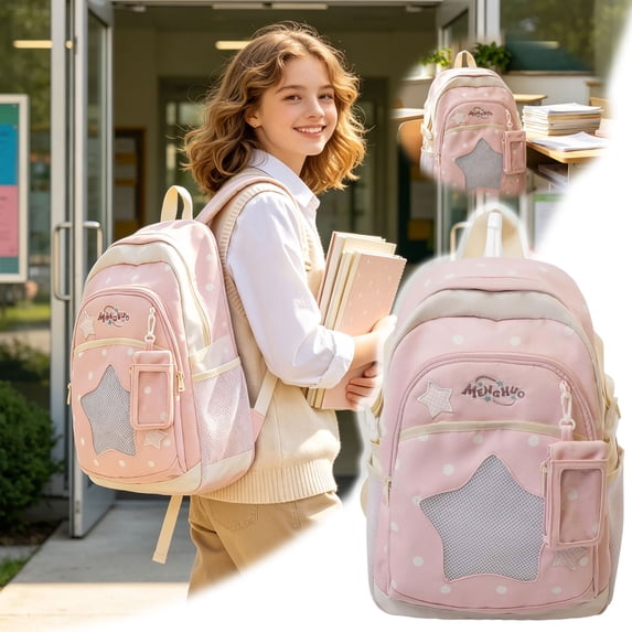 Celestial Star Commuter Daypack, Textured Cotton-Blend Large Rucksack for Women, Y2K Retro Star Embroidery Backpack with Detachable Star Pouch, Water-Resistant University Bag
