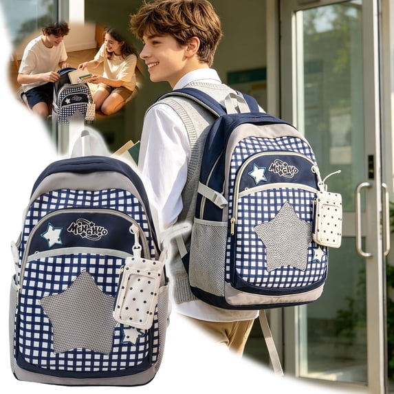Celestial Star Commuter Daypack, Textured Cotton-Blend Large Rucksack for Women, Y2K Retro Star Embroidery Backpack with Detachable Star Pouch, Water-Resistant University Bag