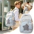 thumbnail image 1 of Celestial Star Commuter Daypack, Textured Cotton-Blend Large Rucksack for Women, Y2K Retro Star Embroidery Backpack with Detachable Star Pouch, Water-Resistant University Bag, 1 of 8