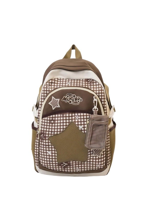 Celestial Star Commuter Daypack, Textured Cotton-Blend Large Rucksack for Women, Y2K Retro Star Embroidery Backpack with Detachable Star Pouch