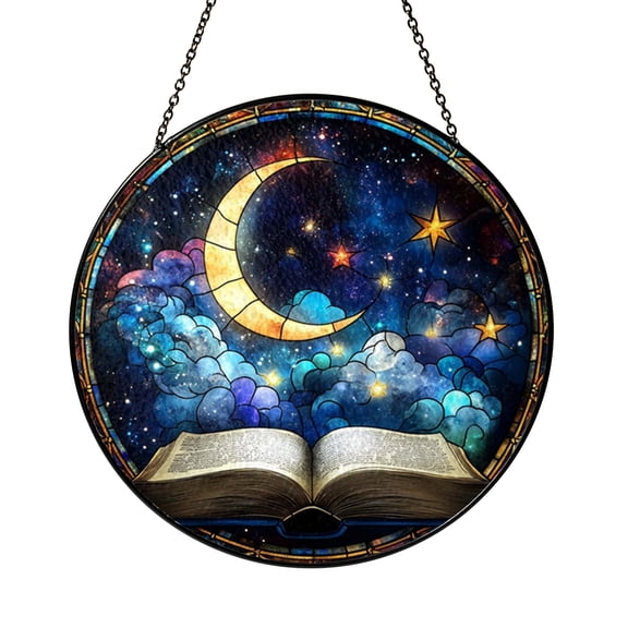 Celestial Star Book Stained Glass Style Window Hanging Suncatcher, Decorative Moon and Open Book Glass Style Art Panel for Fantasy Window Decor Ornament Gift