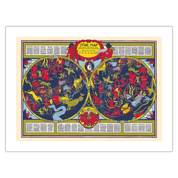 Celestial Star Map - Astrological Constellations - Vintage Pictorial Map by Elizabeth Shurtleff c.1930s - Bamboo Fine Art 290gsm Paper (Unframed) 12x16in