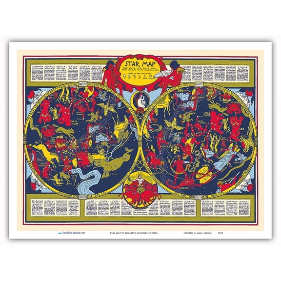 Celestial Star Map - Astrological Constellations - Vintage Pictorial Map by Elizabeth Shurtleff c.1930s - Master Art Print (Unframed) 9in x 12in