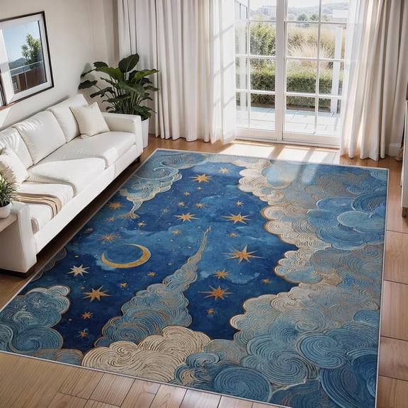 Celestial Star Moon Cloud Area Rugs, Blue Galaxy Carpet, Washable Non Slip Low Pile Soft Rug for Entryway Bedroom Kitchen Home Decor Mat 2x3ft