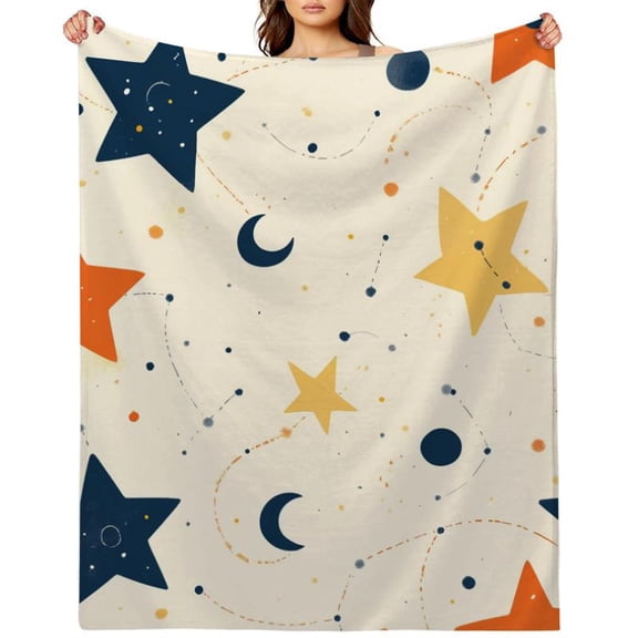 Celestial Star & Moon Print Flannel Blanket - 280GSM Soft Warm Throw for Bed, Sofa, Office, Travel - Vibrant Colors, Plush Texture, All-Season Cozy Gift