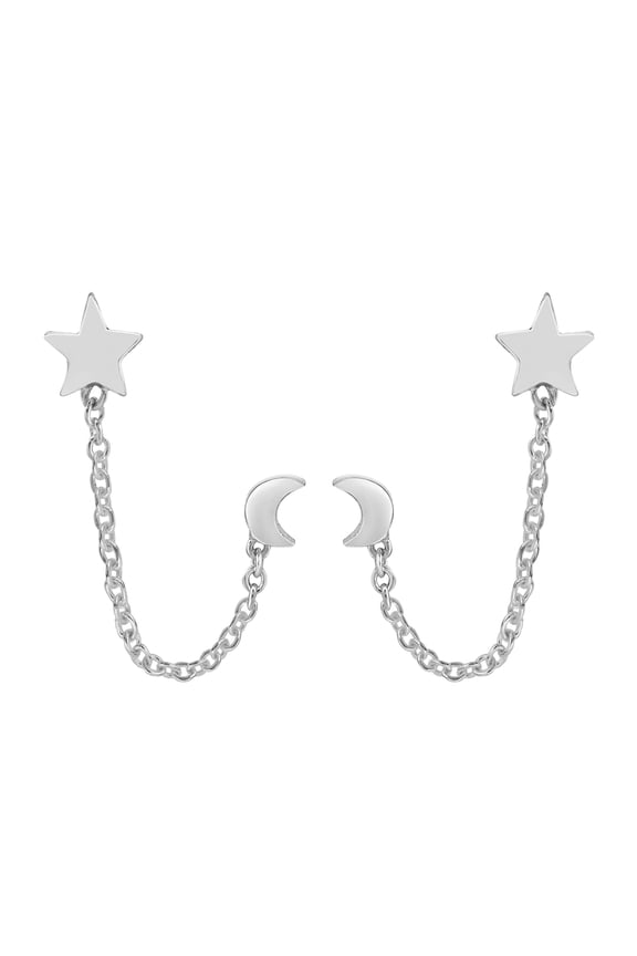 Celestial Star and Moon Pierced Chain Sterling Silver Earrings