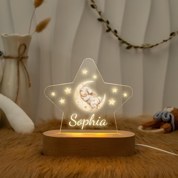 Celestial Starry Night Custom LED Light Acrylic Board Wooden Base Nursery Room Decor New Mom Gift Bedside Lamp