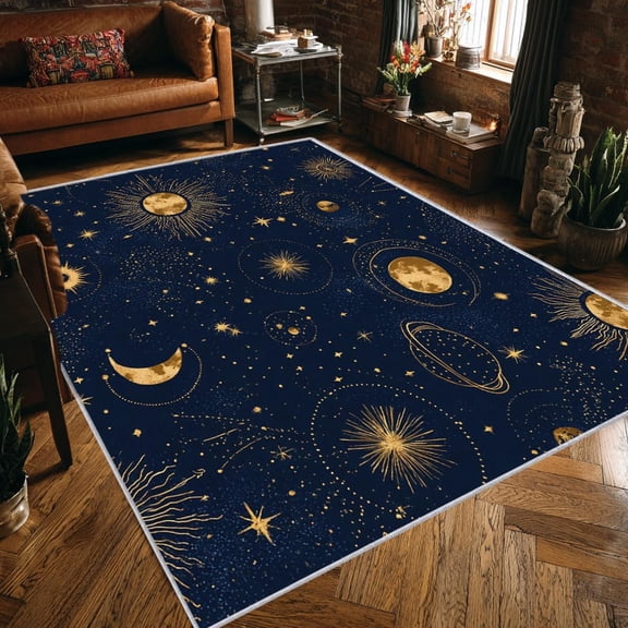 Celestial Starry Night Rug - Navy Blue - Golden Sun and Moon Constellation Print - Soft Area Rug for Living Room, Bedroom, Bohemian Boho Home Decor 1x2ft