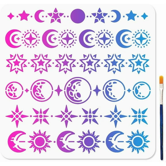 Celestial Stencil Set 11.8x11.8 Inch Reusable Templates DIY for Cosmic Painting - Stars Moon Sun & Planets Design DIY for Walls Tiles Fabric Furniture Decor (Includes Brush)