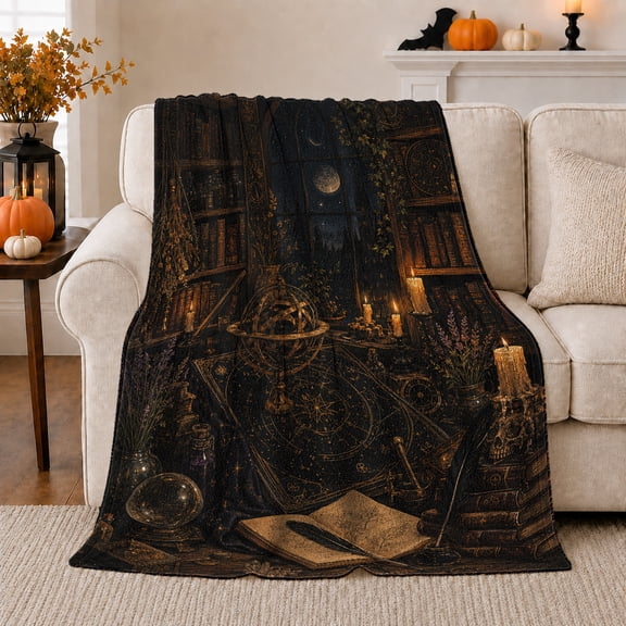 Celestial Study Desk with Armillary, Dark Academia Style for Astronomy Lovers, Moonlit Library Motif Housewarming Gift, Soft Flannel Blanket for Study Room and Home Library, Gothic Home Decor