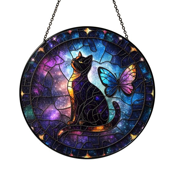 Celestial Style Cat Stained Glass Window Hanging, Cosmic Art Panel Accent for Mystical Interior Gift