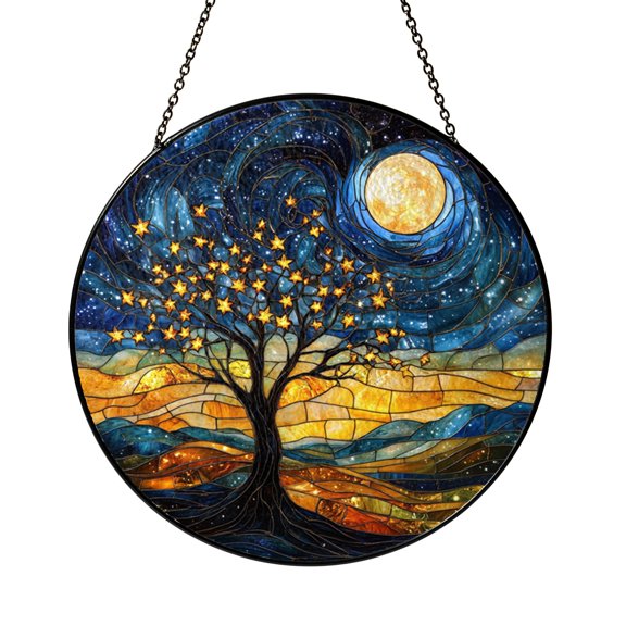Celestial Style Tree Stained Glass Suncatcher, Night Landscape Window Hanging Decor for Living Room Bedroom Cabin Lodge Home Gift